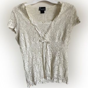 Vintage 90s Y2K NY Collection White Stretchy Lace Empire Waist Lined Blouse L